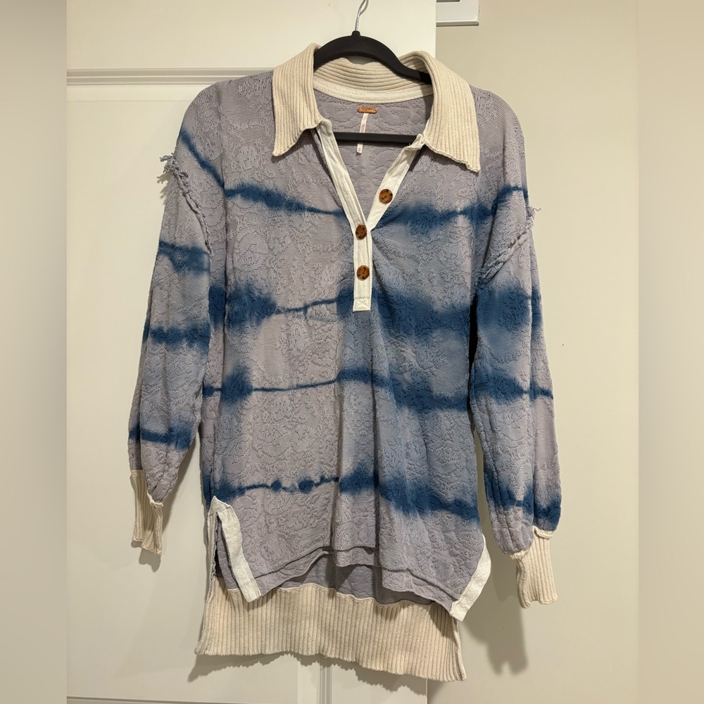 Free People Blue Tie Dye Collared Top